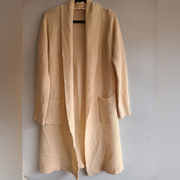 Women's medium beige textured stripe knit long duster open front cardigan - Picture 1 of 5